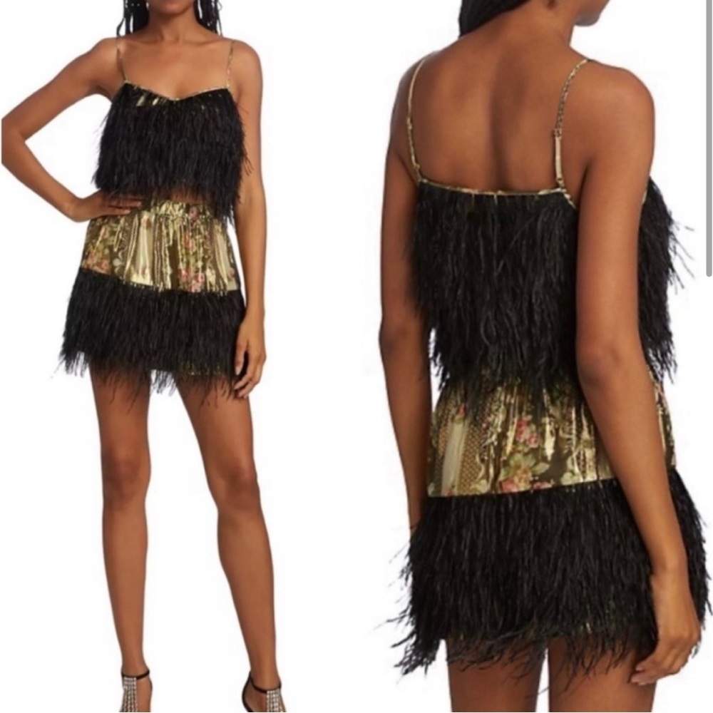 LoveShackFancy Set Dusty Crop Cami Midnight Ruby & Risha Feather Trim Mini Skirt